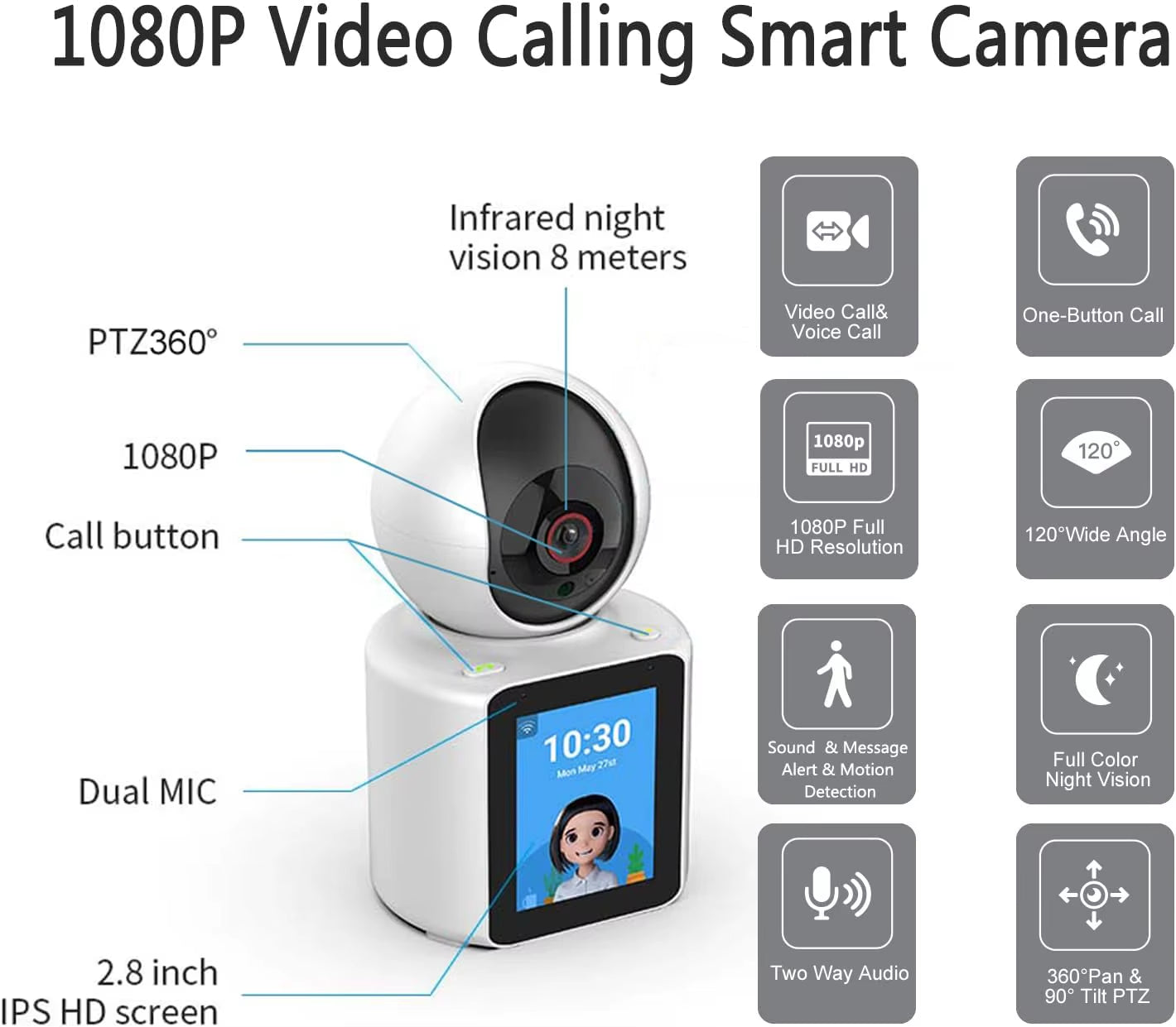 Smart Home Camera Wireless Two Way Video Calling LCD Screen Wifi Security Camera with AI Human Tracking