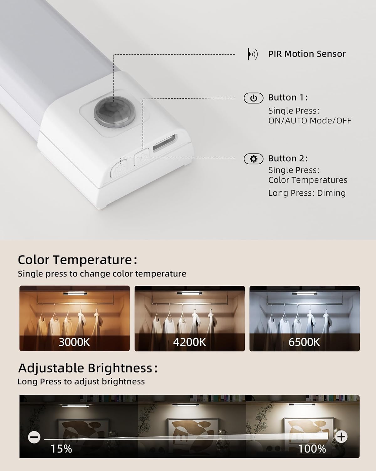 Closet Lights, 30 LED Rechargeable under Cabinet Lighting Wireless, 3 Color Temps under Cabinet Lights, Dimmer Motion Sensor Light Indoor for Pantry, Kitchen, Bedroom, Woadrobe (3 Pcs)