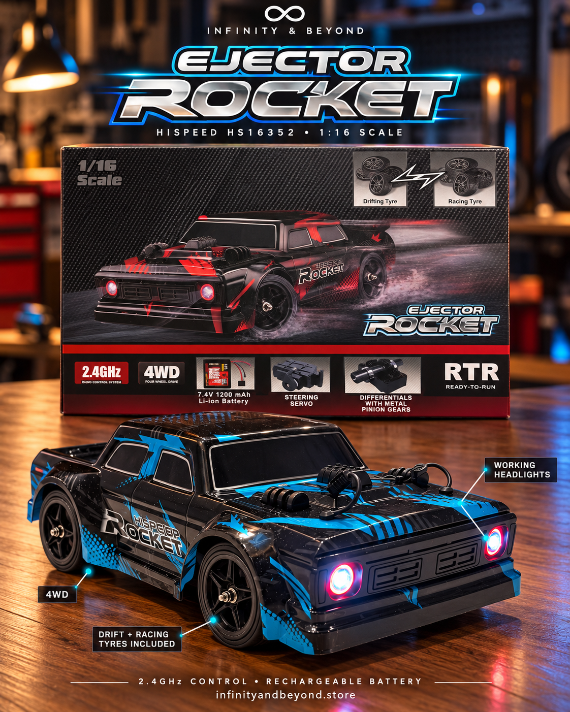 HISPEED RC Drift Car Ejector Rocket 1:16 4WD RC Drift Car — Blue