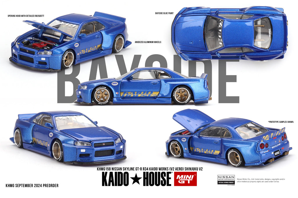 KAIDO HOUSE x MINI GT Nissan Skyline GT-R R34 Kaido Works (V2 Aero) Shinjuku V2 – KHMG158 – manufacturer reference