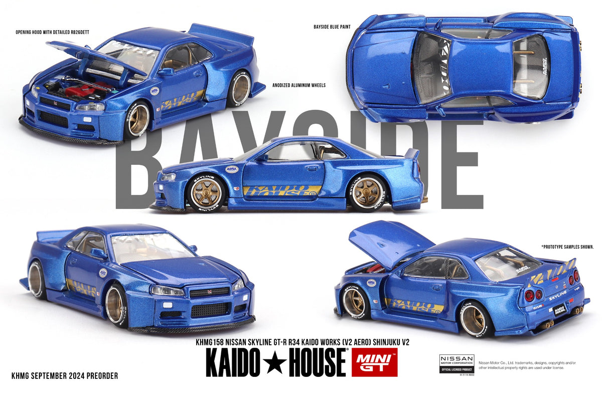 KAIDO HOUSE x MINI GT Nissan Skyline GT-R R34 Kaido Works (V2 Aero) Shinjuku V2 – KHMG158 – manufacturer reference