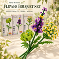 Three COGO building block flowers arranged as a bouquet with their boxes