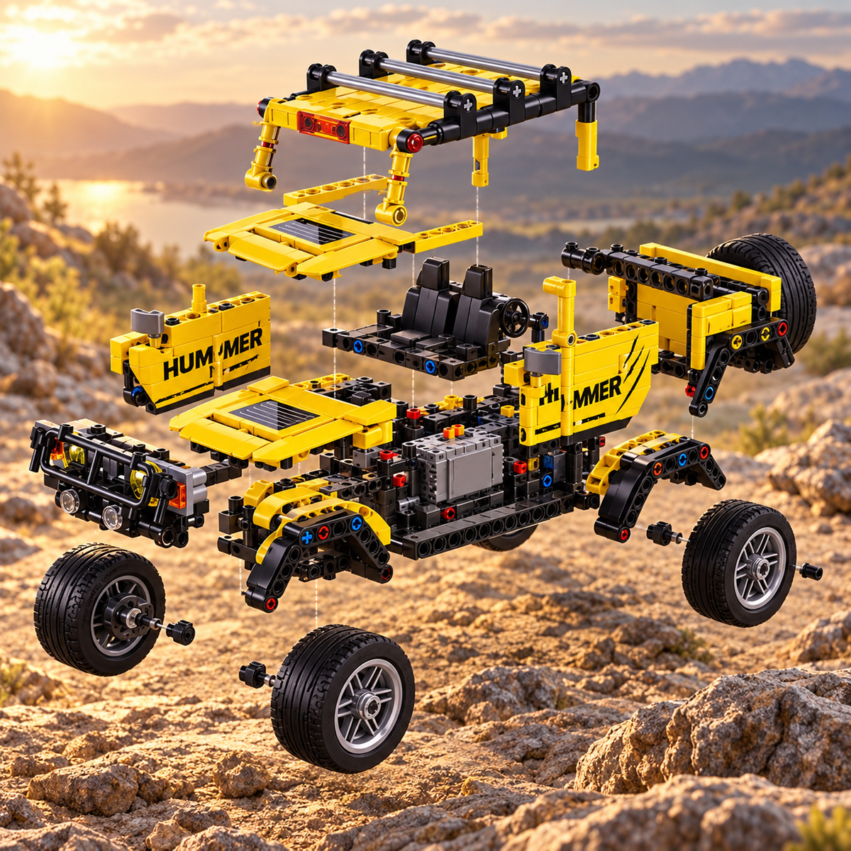 Technic Pentium Yellow Remote Control Off-Road Vehicle — artistic exploded assembly illustration