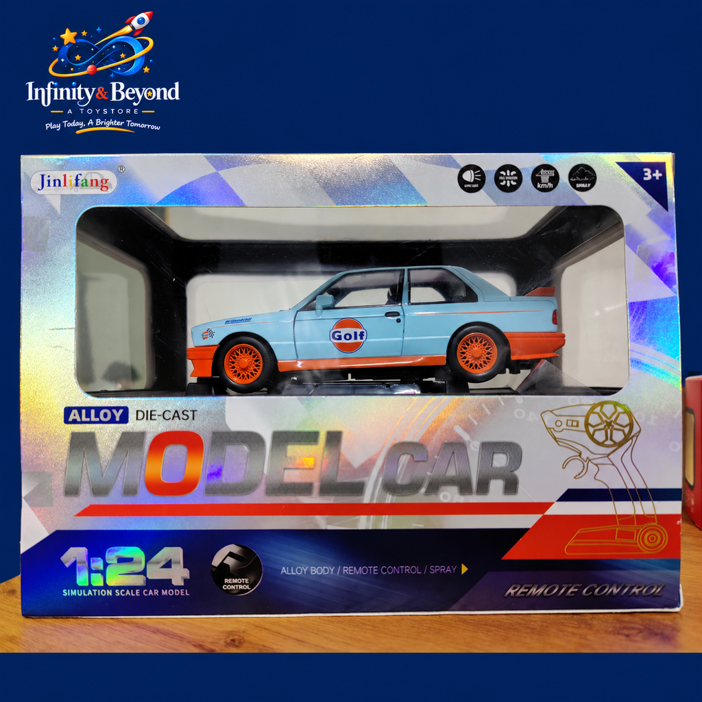 Jinlifang 1:24 remote-control diecast car retail box with Infinity & Beyond branding