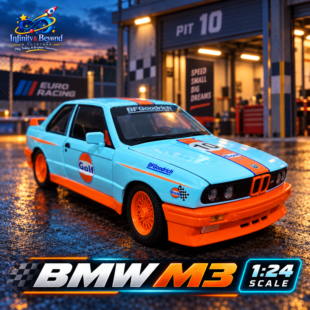 Light blue and orange BMW M3 1:24 RC diecast car, front three-quarter view in an illustrative racing garage