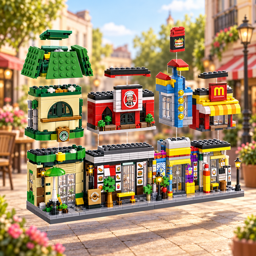 City Restaurant Street Building Set — artistic exploded assembly illustration
