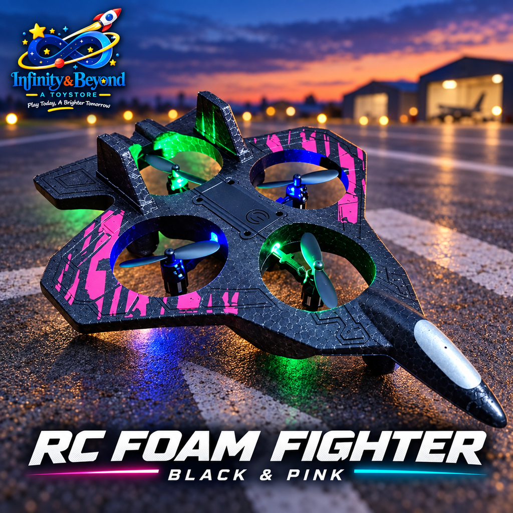 Black and pink four-propeller RC foam fighter with LED lights in an illustrative airfield scene