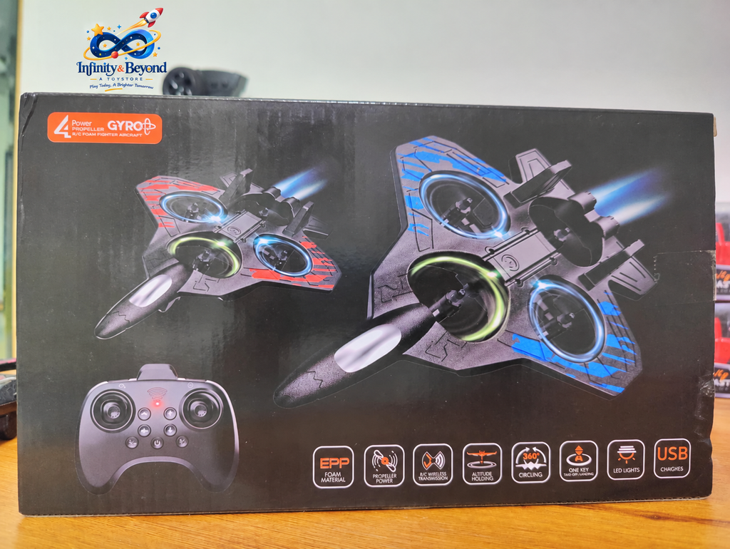 RC foam fighter retail packaging showing controller and printed features