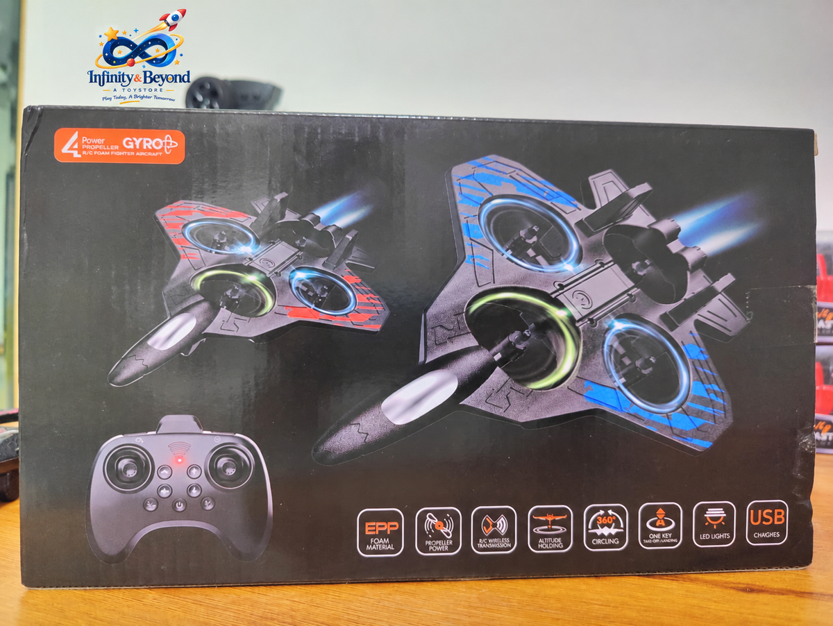 RC foam fighter retail packaging showing controller and printed features