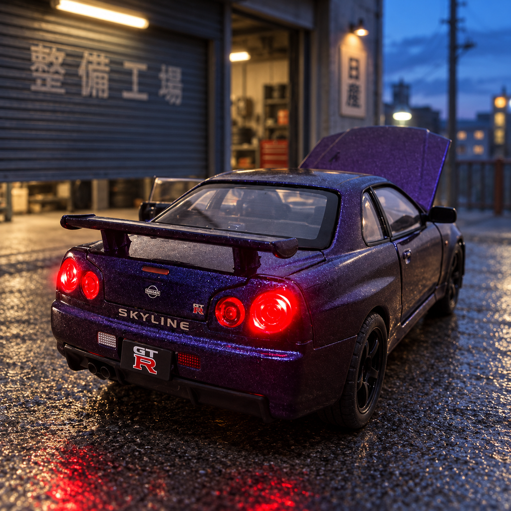 Purple-blue Skyline R34 diecast rear view in a Japanese garage setting