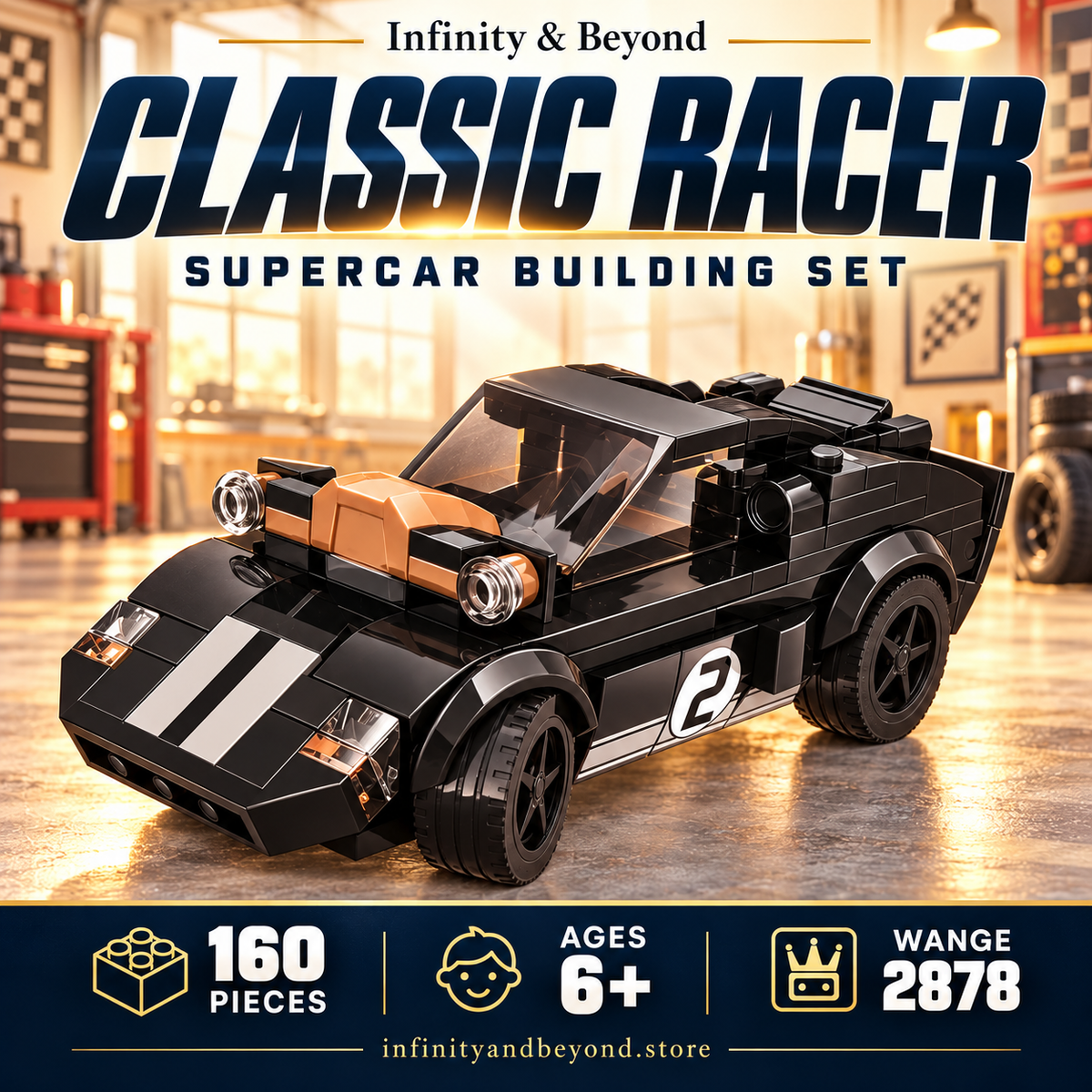 WANGE 2878 Black Classic Supercar — 160 pieces, ages 6+