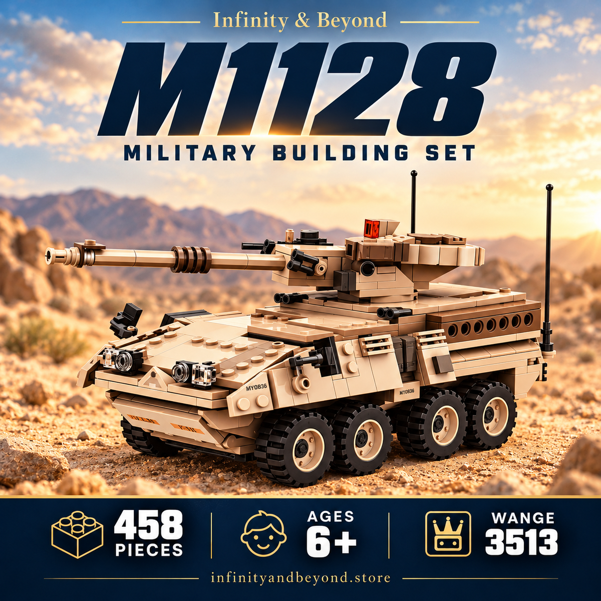 WANGE 3513 M1128 Mobile Gun System — 458 pieces, ages 6+
